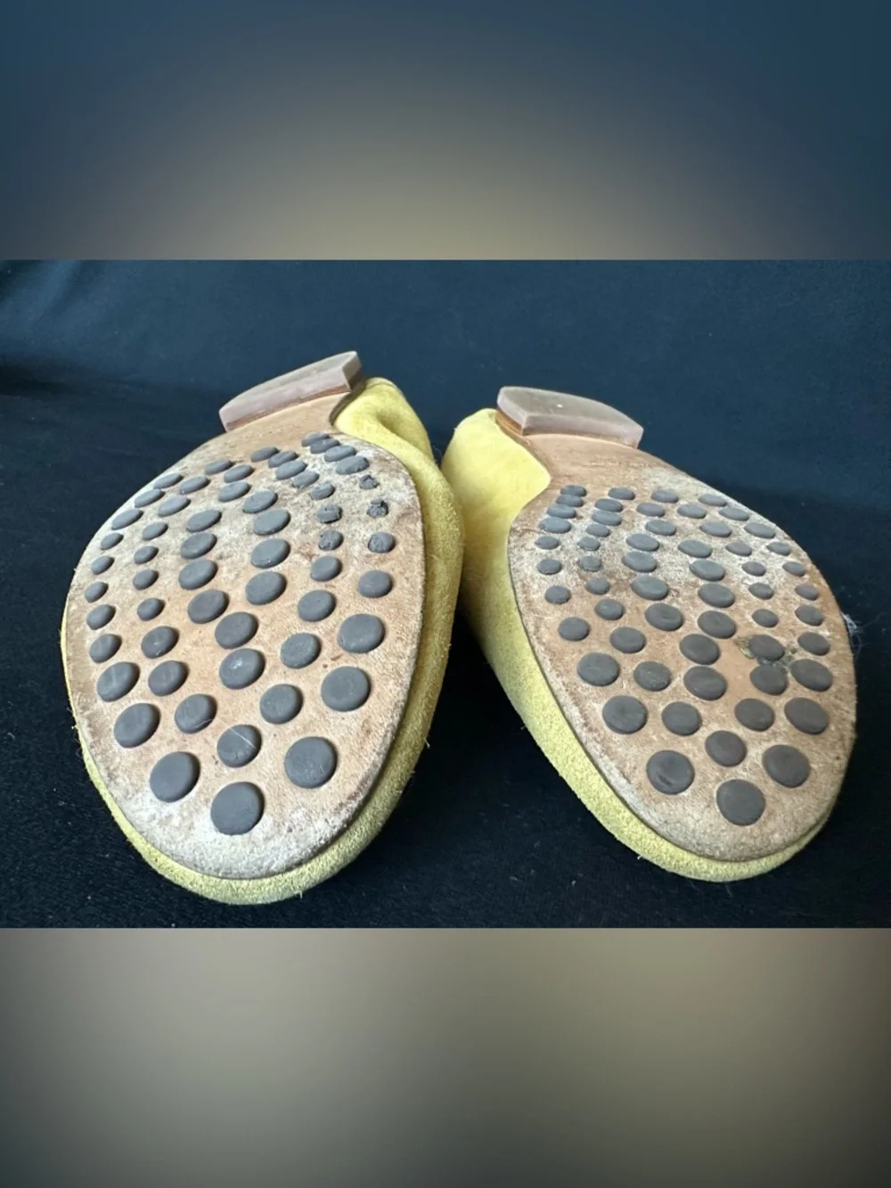 Tory Burch Mustard Yellow Suede Penny Loafers with Gold Emblem Ballet shoes 7.5 - Picture 12 of 16